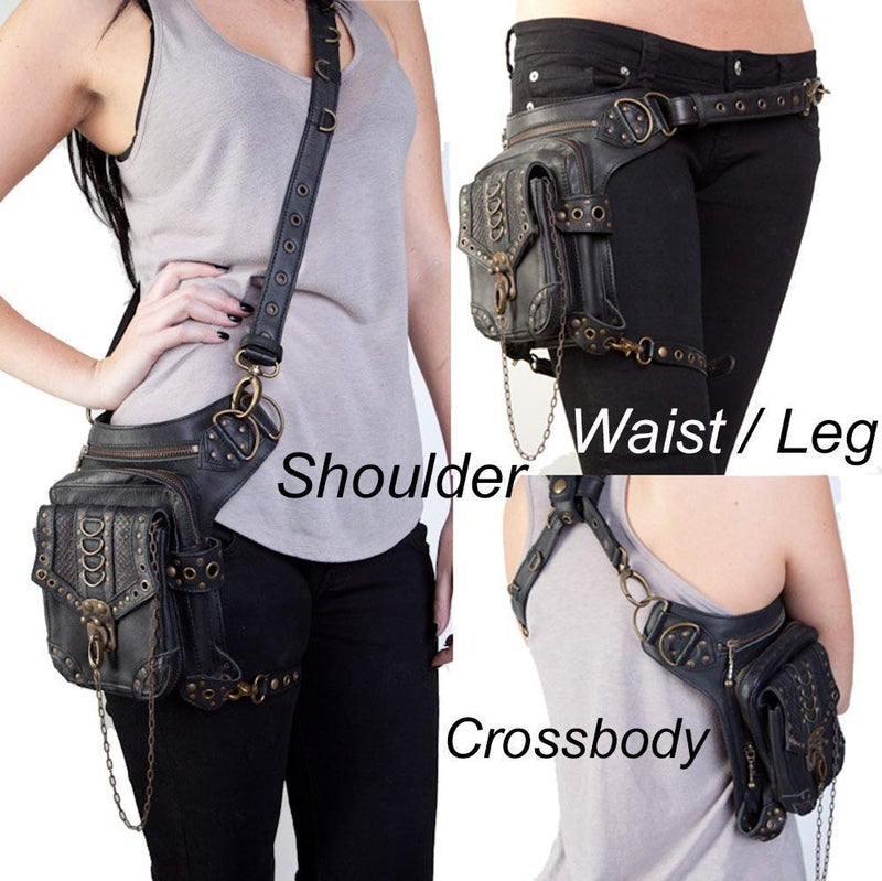Valentoria Steampunk Waist Bag Fanny Pack Thigh Holster Purse Gothic Leather Shoulder Crossbody Hiking Chain Messenger Bag - Image 5